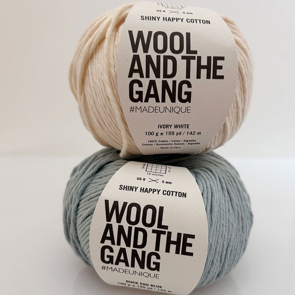 Wool and the Gang, Shiny Happy Cotton in Ivory White and Duck Egg Blue